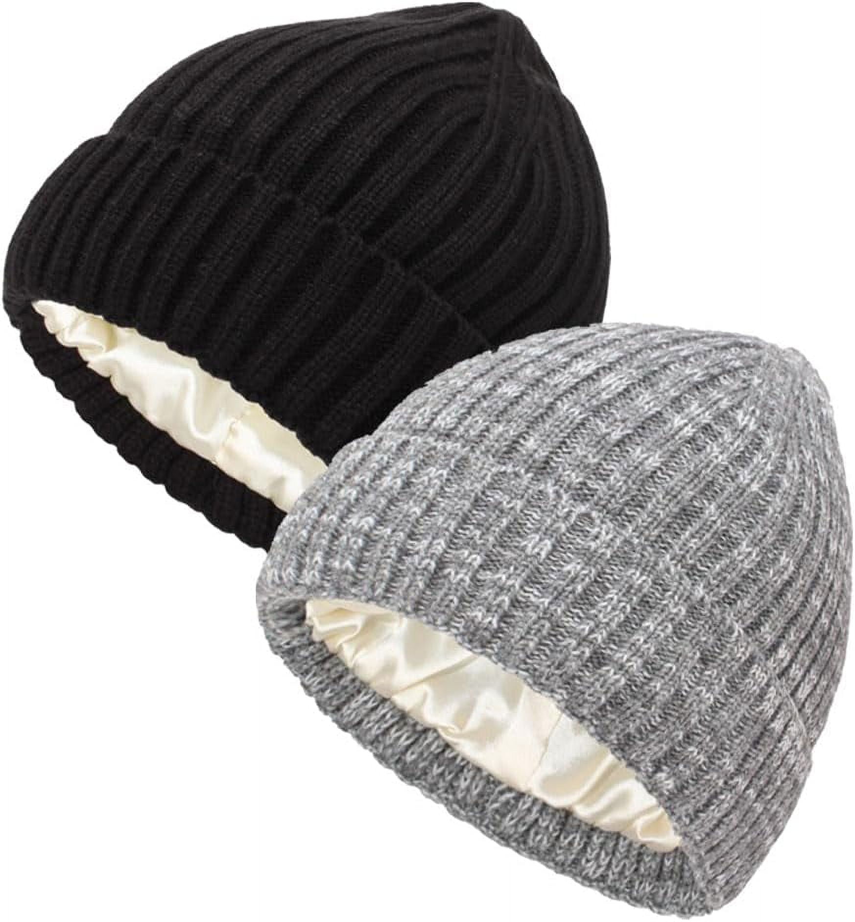 Satin Lined Beanie Hair Protection Winter Hat Knit Skull Cap Satin Lined Winter Beanie Hat| Black，Gray - YANIBEST main image 4