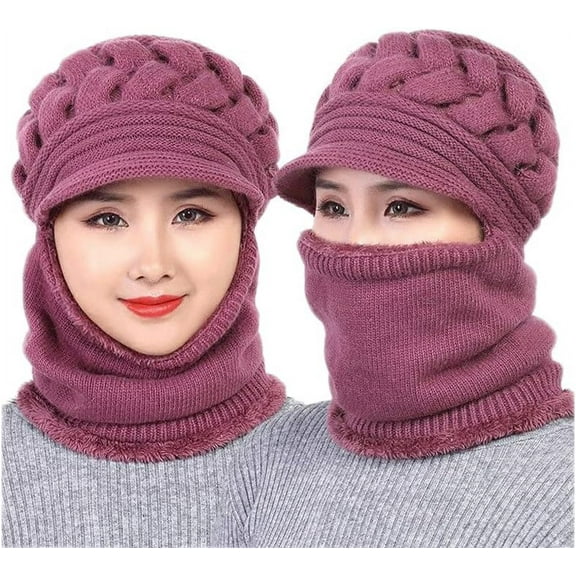 2Pcs Womens Winter Warm Elastic Soft Ear Protection Knitted Scarf Mask hat Fleece Lined Beanie Hat one-Piece hat