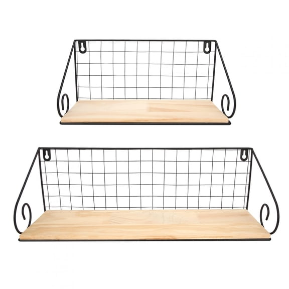 2Pcs Wood Board Iron Frame Wall Hanging Shelf Storage Rack Organizer Home Decor OrnamentBlack