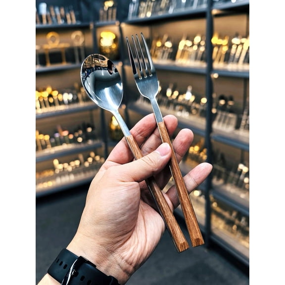 2Pcs Wood Grain Plastic Handle Stainless Steel Cutlery Set, Fork Spoon Tableware For Wedding Picnic Restaurant Gift