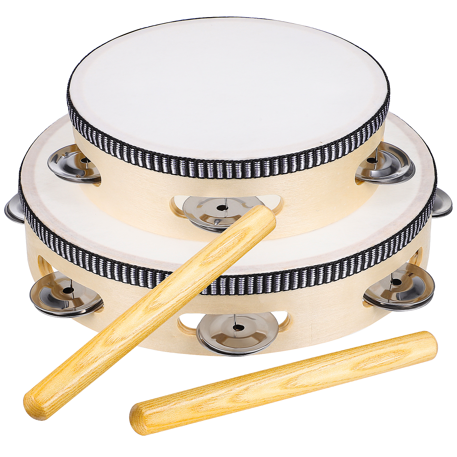 2Pcs Wood Handheld Tambourine Percussion Round Tamborine with Wooden