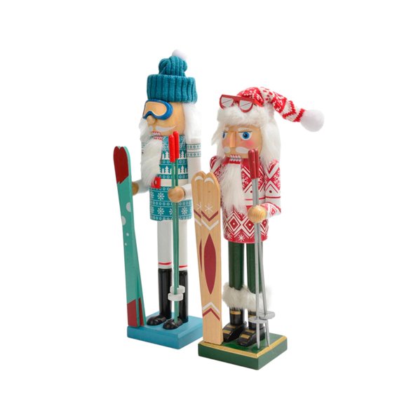 2Pcs Wood Nutcracker Soldier Figures Tabletop Ornament Toys 38cm Crafts Holiday Decoration for Shelves Halloween Holiday Gift