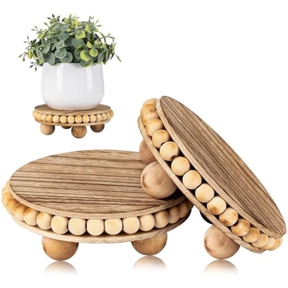 2Pcs Wood Risers for Display Decorative,Round Beaded Riser Distressed for Decor ,Wooden Farmhouse Coasters Mini Cake Stand Plant Stand,Rustic Pedestal Stand Decor Display Risers for Tiered