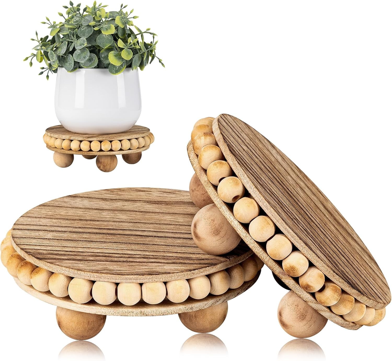 2Pcs Wood Risers for Display Decorative,Round Beaded Riser Distressed for Decor ,Wooden Farmhouse Coasters Mini Cake Stand Plant Stand,Rustic Pedestal Stand Decor Display Risers for Tiered-HQQ8