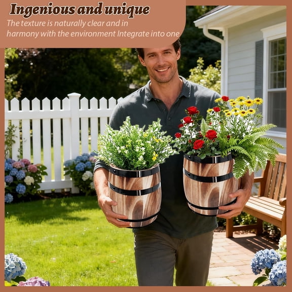2Pcs Wood Wine Barrel Vase 8" x 6.5" Rustic Wooden Flower Planter for Home Indoor Outdoor Garden Kitchen Party Table Decoration Brown