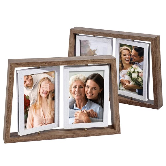 2Pcs Wood with Glass Double Rotatable Photo Frame Stand Rectangle Camel 211x310x40mm