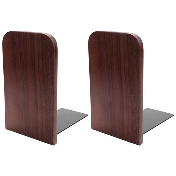 2Pcs Wooden Bookends with Metal Base Heavy Duty Black Walnut Book Stand with Anti-Skid Dots for Office Desktop or Shelves,2* Bookends,As shown