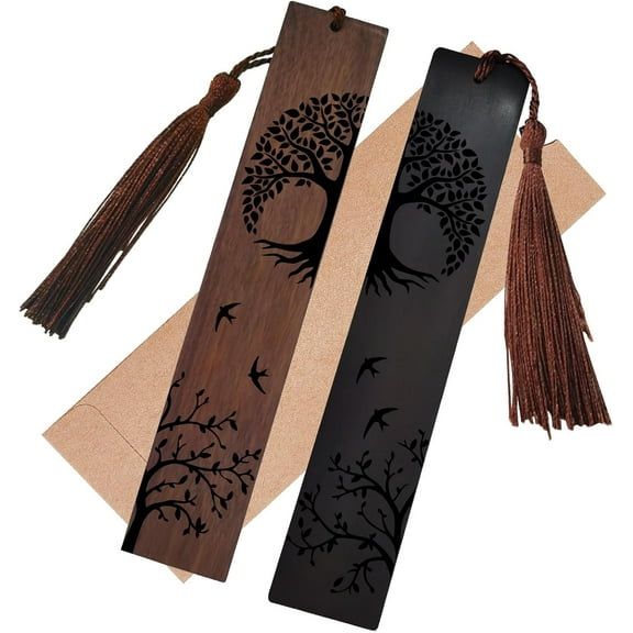 2Pcs Wooden Bookmarks Tree of Life Book Markers Birds Handmade Natural Wood Bookmarks with Tassel Vintage Bookmark Gift