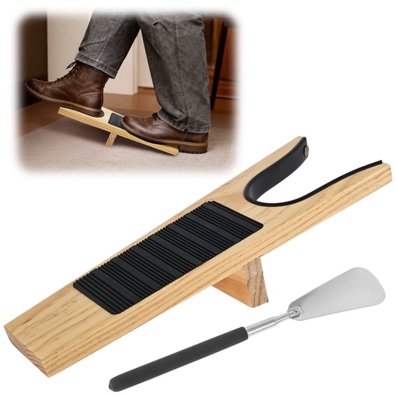 2Pcs Wooden Boot Jack and Retractable Shoe Horn Set Boot Puller Wellingtons Remover with Mud Scraper Muddy Shoe Remover