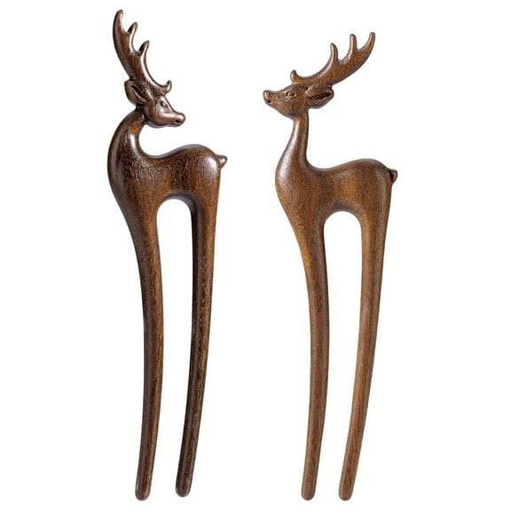 2Pcs Wooden Deer Hair Pin Hair Sticks for Women Two Prong Hair Forks for Long Hair Hair Accessories Hair Styling Tool (Camel & Brown)