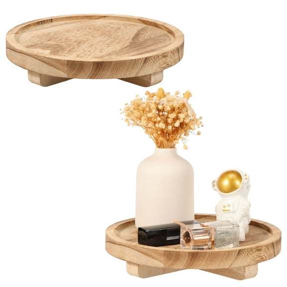 2Pcs Wooden Display Risers Round Wood Decorative Tray Counter Candle Holder Tray Farmhouse Soap Plate for Bathroom Kitchen