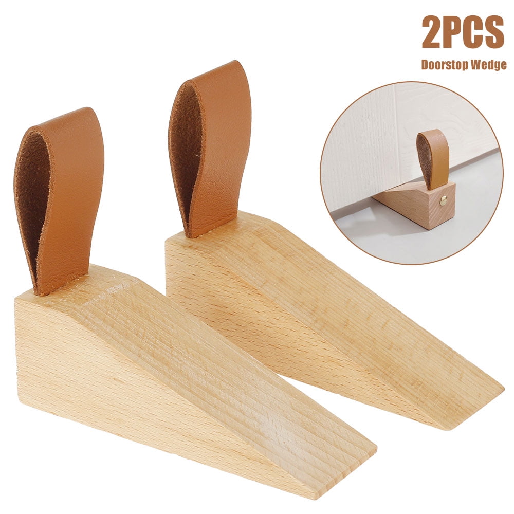 Wooden Door Stoppers, Acacia Wood Wedges For Bottom Of Door, Large Non-Skid Rubber Base, Heavy Duty Stops Suit Most Floors (2 Pack