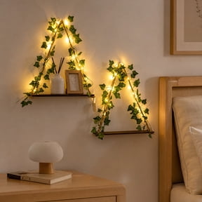 2Pcs Wooden Floating Wall Shelves with LED String Lights & Artificial Leaves, Hanging Storage Shelf for Bedroom Living Room Bathroom (Batteries Not Included)