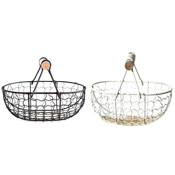 2Pcs Wooden Handle Metal Retro Basket Vegetable Fruit Egg Groceries Practical Storage Basket - White & Black