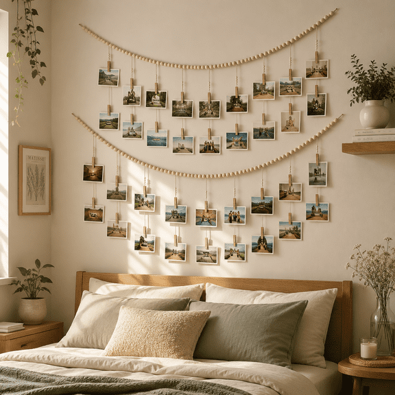 2Pcs Wooden Photo Display Hanging Decor, 36 Clips Rustic Picture String for Wall, Boho Photo Holder for Living Room Bedroom Valentine's Birthday Party