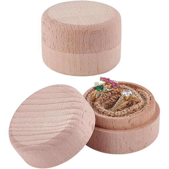2Pcs Wooden Ring Box 2.03x1.4 Inch Flat Round Rings Storage Box Wood Engagement Ring Boxes Peru Jewelry Boxes for Proposal Wedding Jewelry Storage