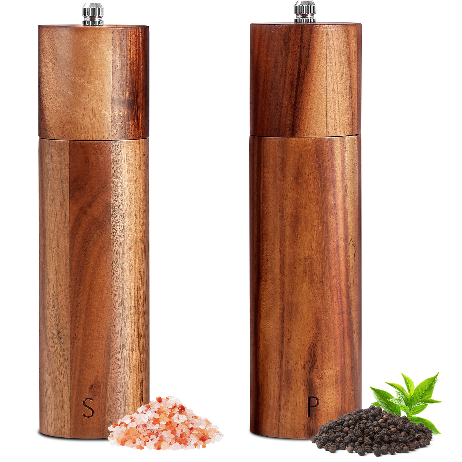 2Pcs Wooden Salt Mill Shaker Ergonomic Adjustable Coarseness Manual Pepper Grinder for Peppercorn Chili Flake Dried Herb