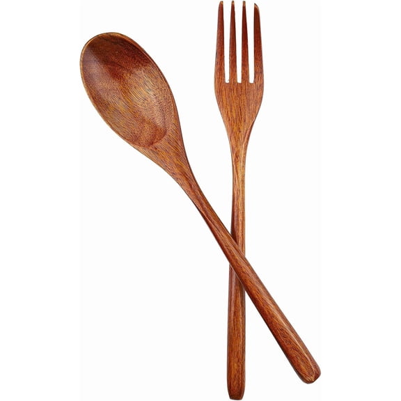 2Pcs Wooden Spoons and Forks - Reusable Wooden Utensil Set - Handmade Flatware Tableware Cutlery for Cooking Eating Kitchen Travel and Camping