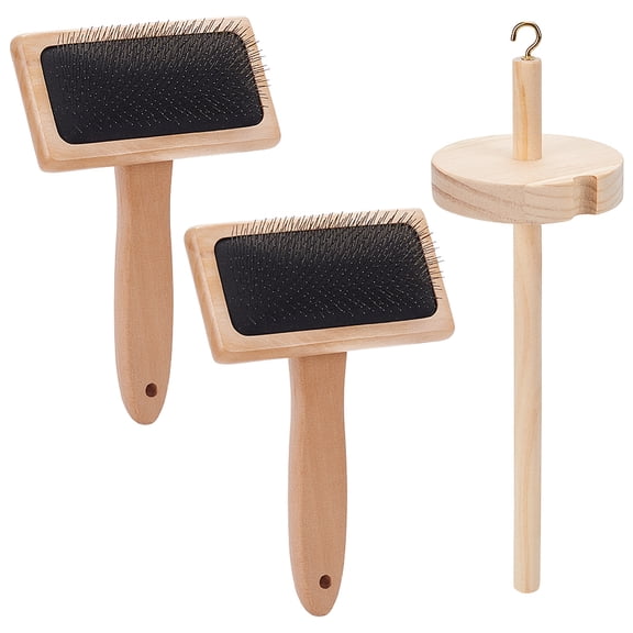 2Pcs Wool Brush with Wood Spindle Wheel Wool Carders Slicker Brush Needle Felting Brush with Solid Wood Handle for Yarn Weaving Blending Roving Craft