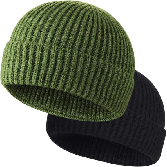 2Pcs Wool Fisherman Beanies for Men, Knit Short Watch Cap Winter Warm Hats