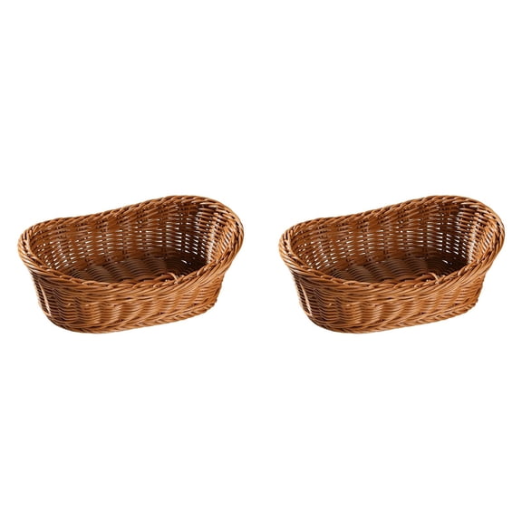 2Pcs Woven Breads Baskets, Wicker Bread Basket, Oval Small Fruit Baskets Stackable Plastic Wicker Baskets for Serving Vegetables, Kitchen, Restaurant, Outdoor, Imitation Rattan(Brown*2)