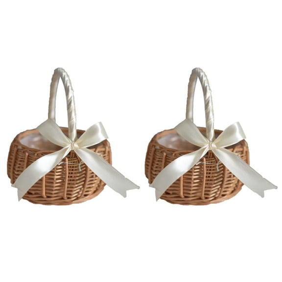 2Pcs Woven Rattan Storage Basket Flower Hand Basket Handmade with Bow,