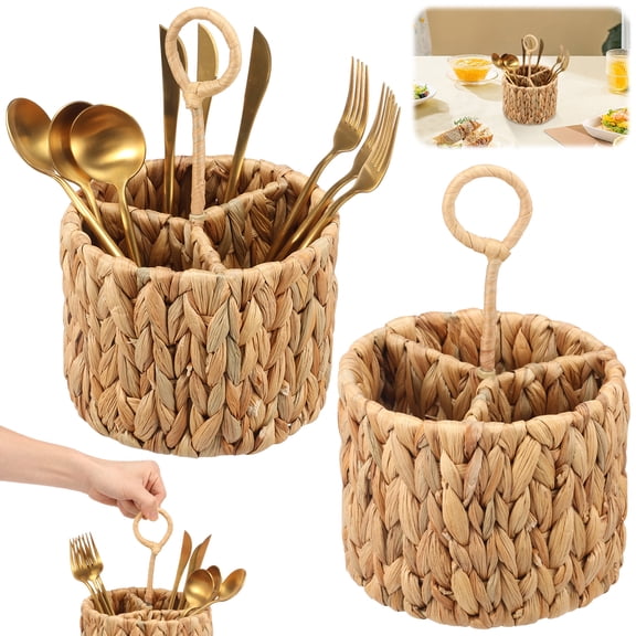 2Pcs Woven Utensil Caddy with Handle 3 Compartment Silverware Holder Organizer for Countertop Flatware Cutlery Caddy for Picnic Party Buffet