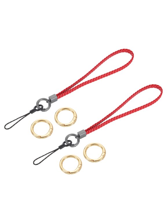 2Pcs Woven Wristlet Lanyards, 5.5" Leather Handmade Keychain Strap, Red