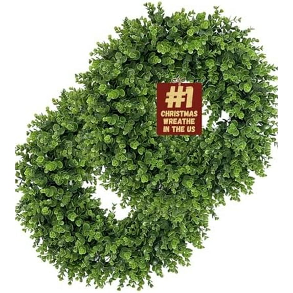 2Pcs Wreaths 26" Boxwood Wreath for Front Door, Faux Round Boxwood Wreath, All Season Outdoor & Indoor Window, Porch Wall Decor. Day Farmhouse Wedding Home Greenery Decoration.