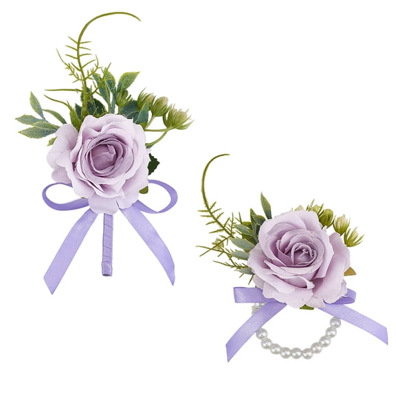 2Pcs Wrist Corsage and Boutonniere Set for Wedding Prom 2 Styles Purple Rose Boutonniere Wrist Corsage Bracelets with Pearl Wristlet Band for Men Bride Bridesmaid Mother Party DIY