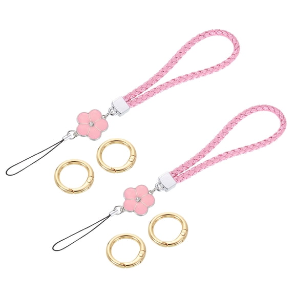 2Pcs Wristlet Lanyards, 4.7" Leather Keychain Strap with Flower Charm, Pink