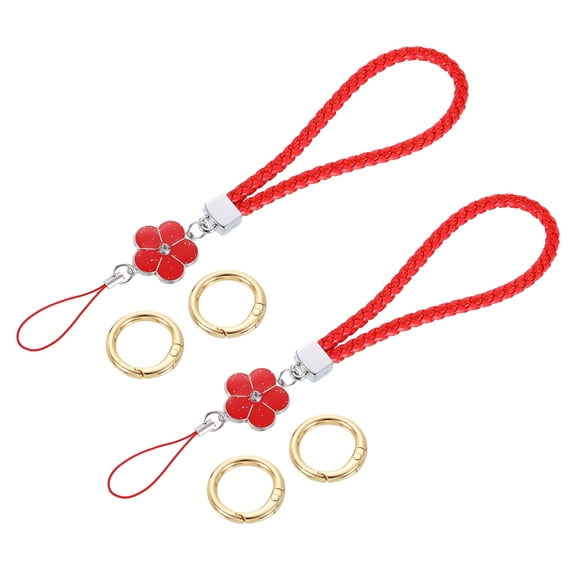 2Pcs Wristlet Lanyards, 4.7" Leather Keychain Strap with Flower Charm, Red