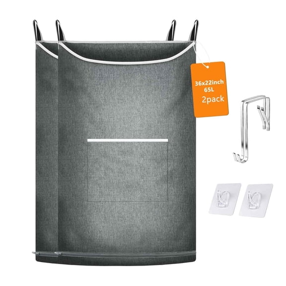 2Pcs XL Hanging Laundry Hamper, Over the Door Laundry Hamper and Baskets, Wide Opening Hanging Laundry Bag,Hanging Hamper for Bathroom,Dorm(Heather Grey, 36x22 Inch)