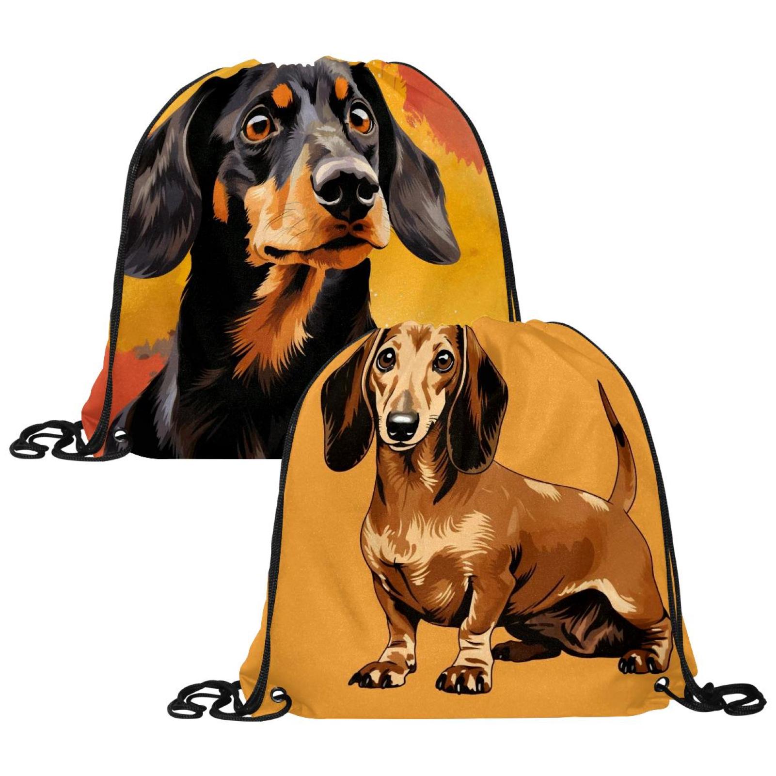 2Pcs Yellow Background Dachshund Drawstring Bag,Water Resistant Gym Bag