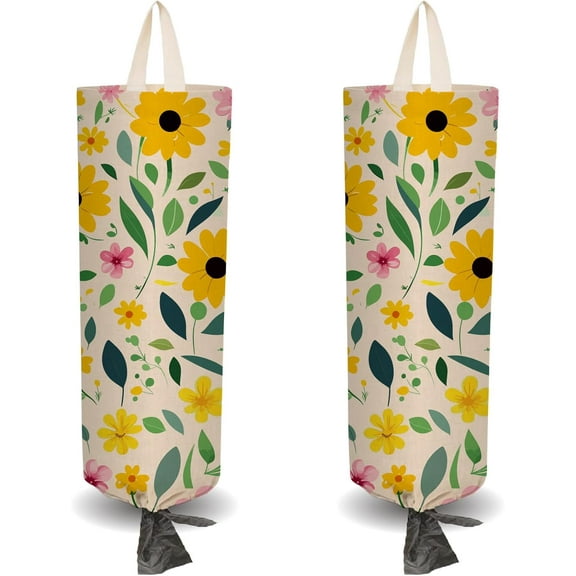 2Pcs Yellow Floral Plastic Grocery Bag Holder with 4Pcs Hooks Reusable Wall Mount Heavy Duty Shopping Storage Bag Sack Canvas Waterproof Washable Organizer Dispenser for DIY Making