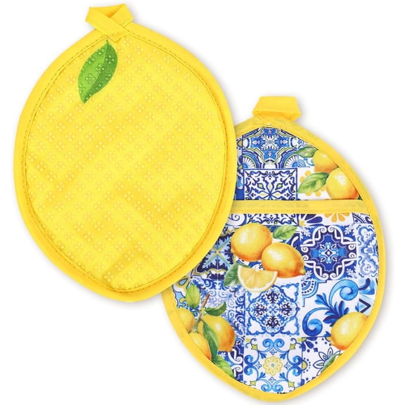 2Pcs Yellow Lemon Pot Holders Heat Resistant Cotton Hot Pad Non-Slip Potholder Oven Mitt Blue Porcelain Floral Trivet Mat for Kitchen Cooking Baking, 7" x 9"