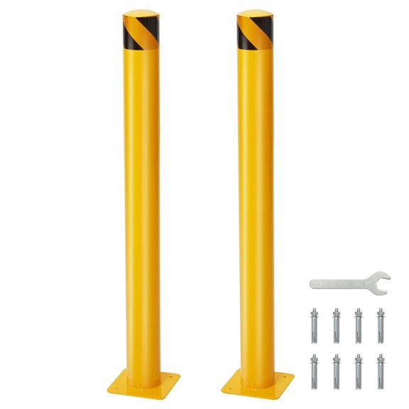 2Pcs Yellow Safety Bollards 48-Inch Steel Traffic Control Posts, 4.5-Inch Diameter with 24 Anchor Bolts, for Driveway Barriers and Parking Solutions
