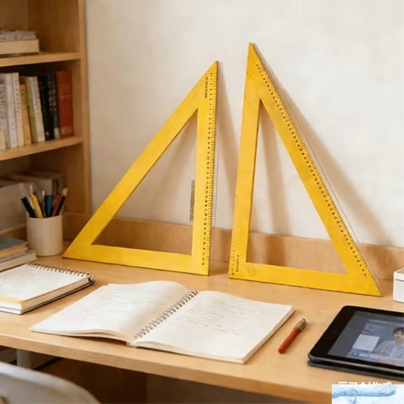 2Pcs Yellow Wooden Triangle Rulers with Inch and Centimeter Scales for Geometry Drafting Art Sewing - Durable Measuring Tools for Students Artists and Professionals
