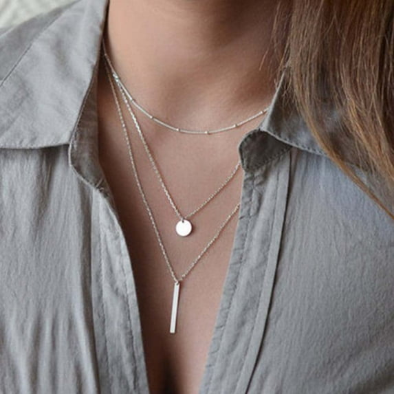 2Pcs harmtty Women 3 Layer Bar Round Pendant Long Chain Necklace Party Jewelry Gift,Silver+Golden