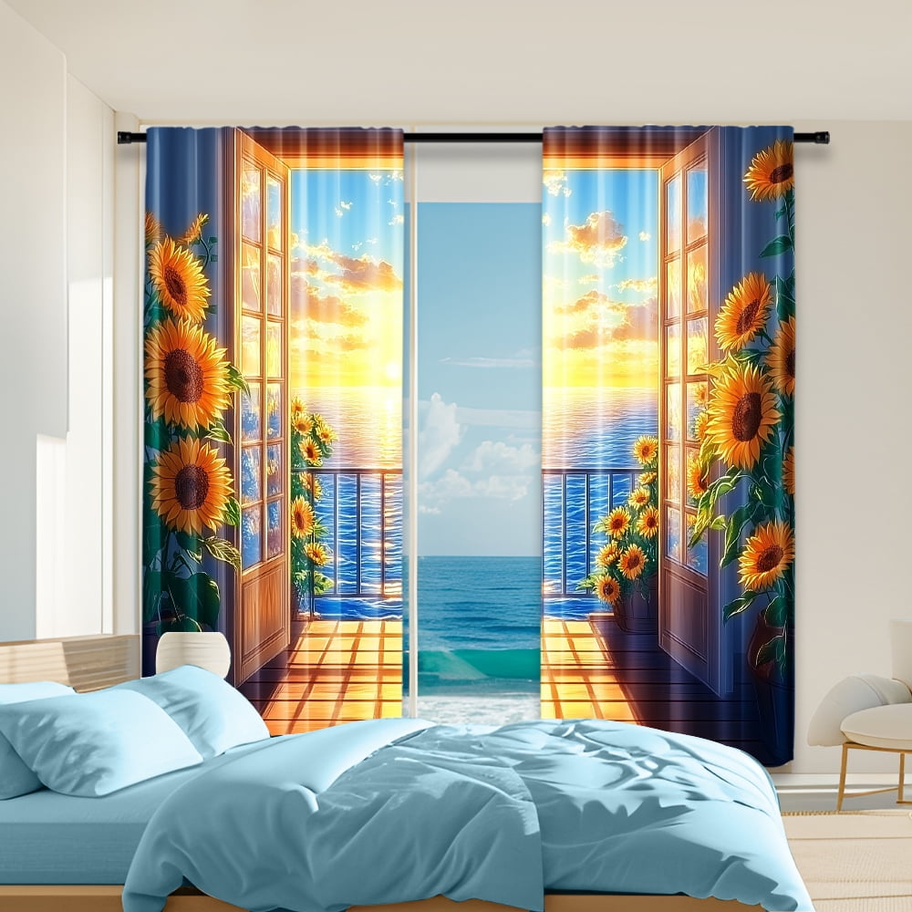 2Pcs ic Wooden Cabin Potted Plant Print Curtains With Rod Hole Design