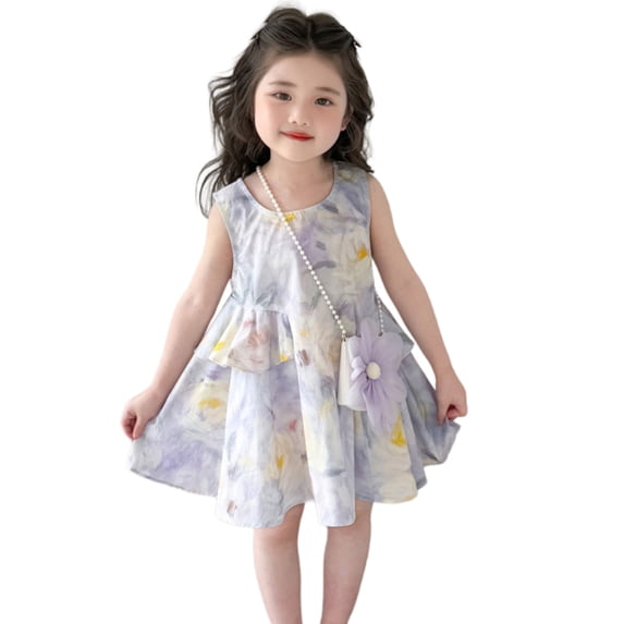 2Pcs/pack Girls Party Dress and Pearls Bag Comfortable Sleeveless Design Quick Changing Outfits for Kids Age 2-9T