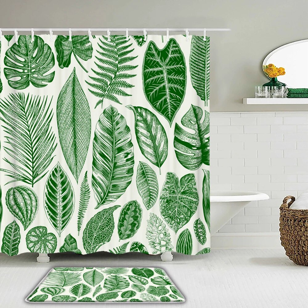 2Pcs/set Tropical Green Plant Palm leaf Shower Curtain Set Bath