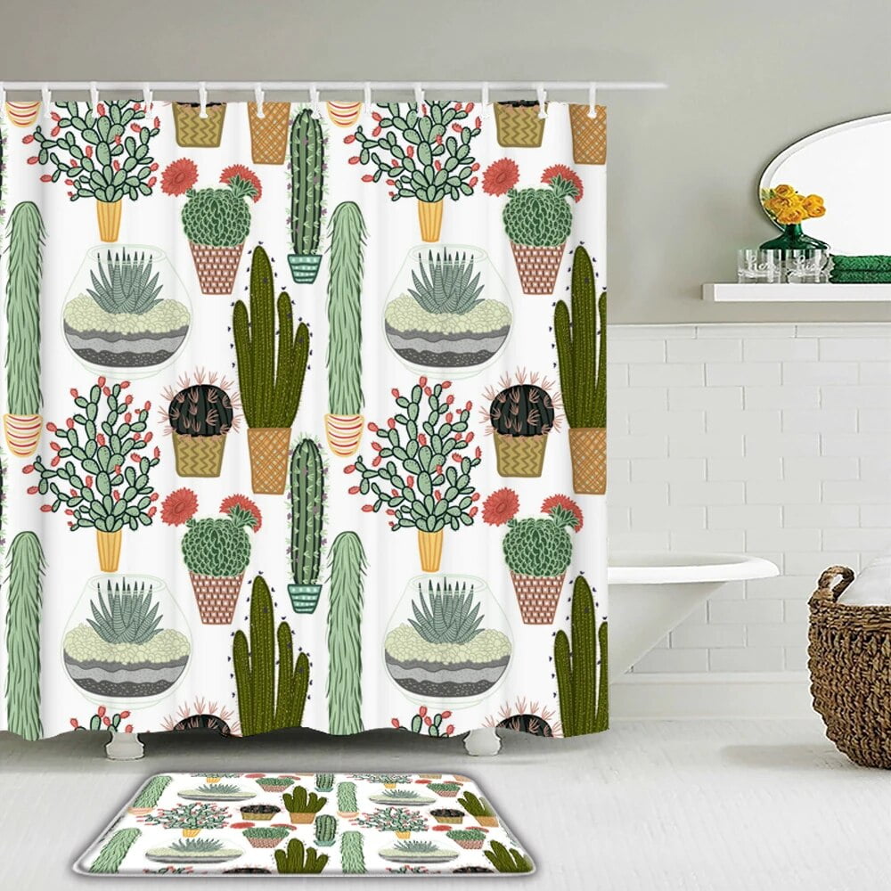 2Pcs/set Tropical Plant Flower Cactus Shower Curtain Set Bath Curtains