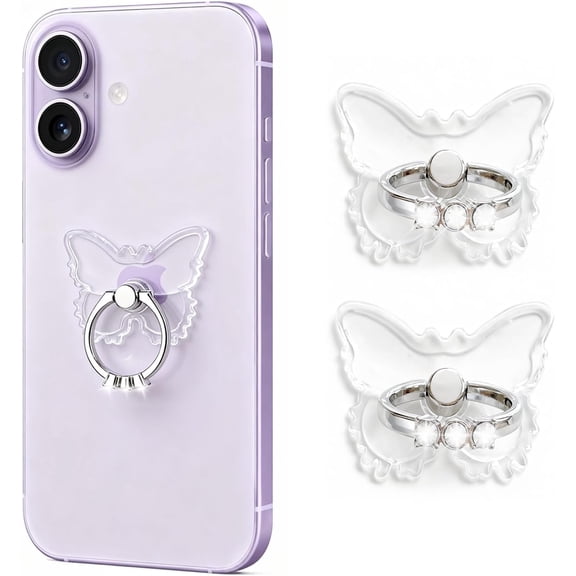 2PcsTransparent Phone Ring Holder Grip, Clear Butterfly Cell Phone Ring Holder Stand with Diamonds,360Rotation Finger Grip Ring Kickstand Compatible with Most Smartphones,Tablets and Case