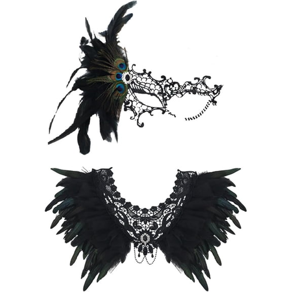 2Peice Mardi Gras Gothic Feather Lace Collar with Peacock Mask,Masquerade Bird Feather Shawl Costume for Halloween Carnival Birthday Party