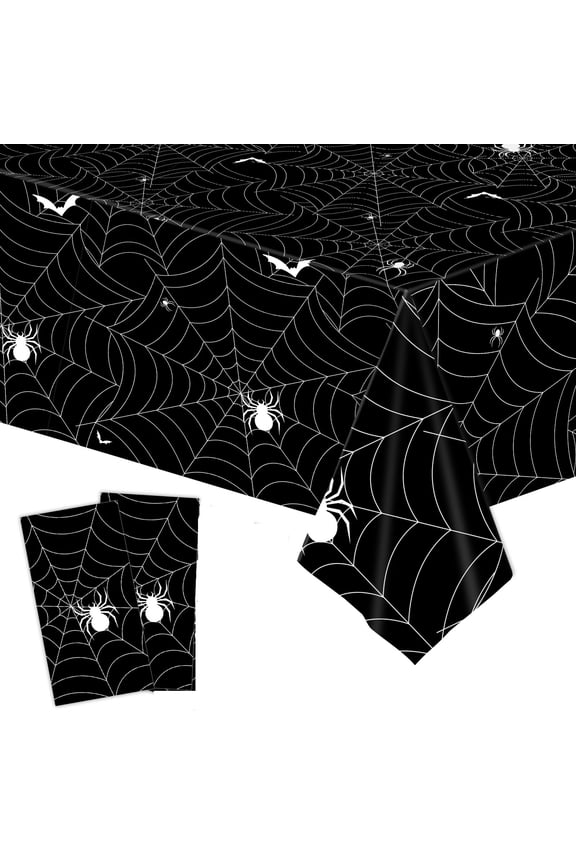 2Piece 54 x 108 Inch Spider Web Plastic Tablecloth - Black Spiderweb with Spiders Designs, Disposable Rectangle Table Cover for Birthday, Halloween, Indoor Outdoor Decorations