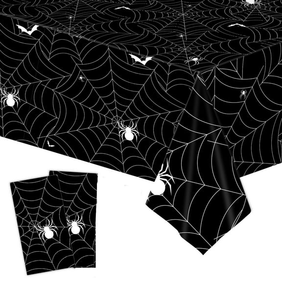 2Piece 54 x 108 Inch Spider Web Plastic Tablecloth - Black Spiderweb with Spiders Designs, Disposable Rectangle Table Cover for Birthday, Halloween, Indoor Outdoor Decorations