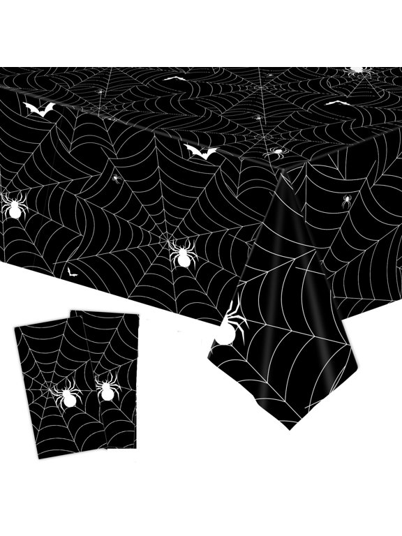 2Piece 54 x 108 Inch Spider Web Plastic Tablecloth - Black Spiderweb with Spiders Designs, Disposable Rectangle Table Cover for Birthday, Halloween, Indoor Outdoor Decorations