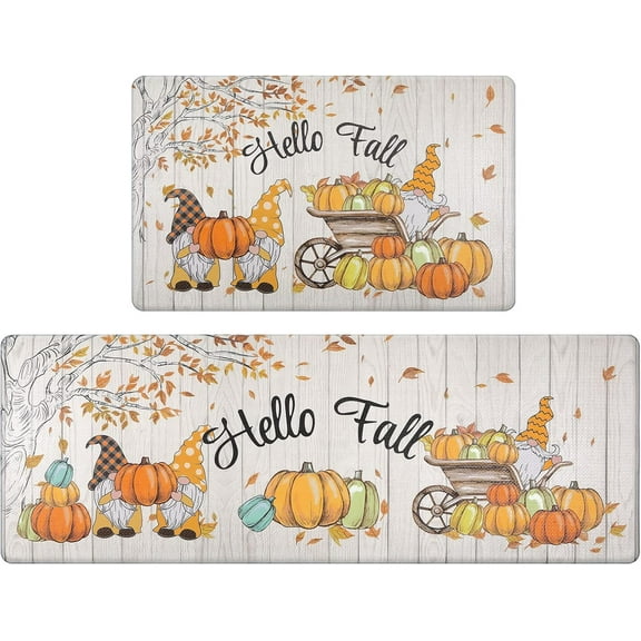 2Piece Anti Fatigue Kitchen Mat Seasonal Fall Holiday Party Vintage Farmhouse Kitchen Rug Runner Set for Home Office Non Slip Waterproof Heavy Duty Comfort Standing Mats(Hello Fall)