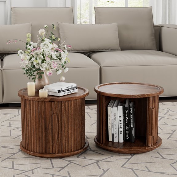 2Piece Round Coffee Table Set, Modern Nesting Side Tables with Sliding Door Storage, Walnut Finish Sofa End Table & Bedside Nightstand for Living Room & Bedroom, Fluted Roman Column Design Accent Tab